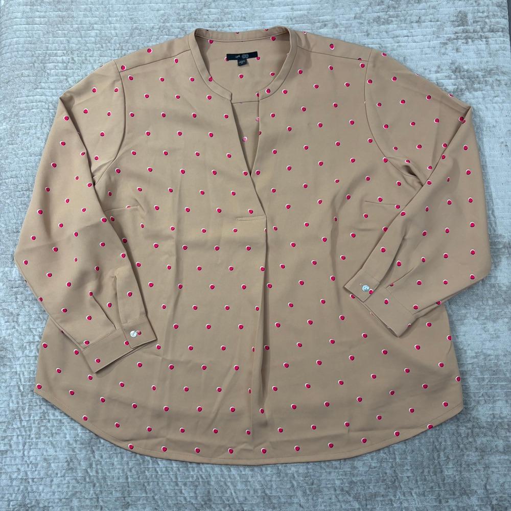 J. Jill Wearever Tan Pink Polka Dot Split Neck Blouse 3X‎ WTP312551